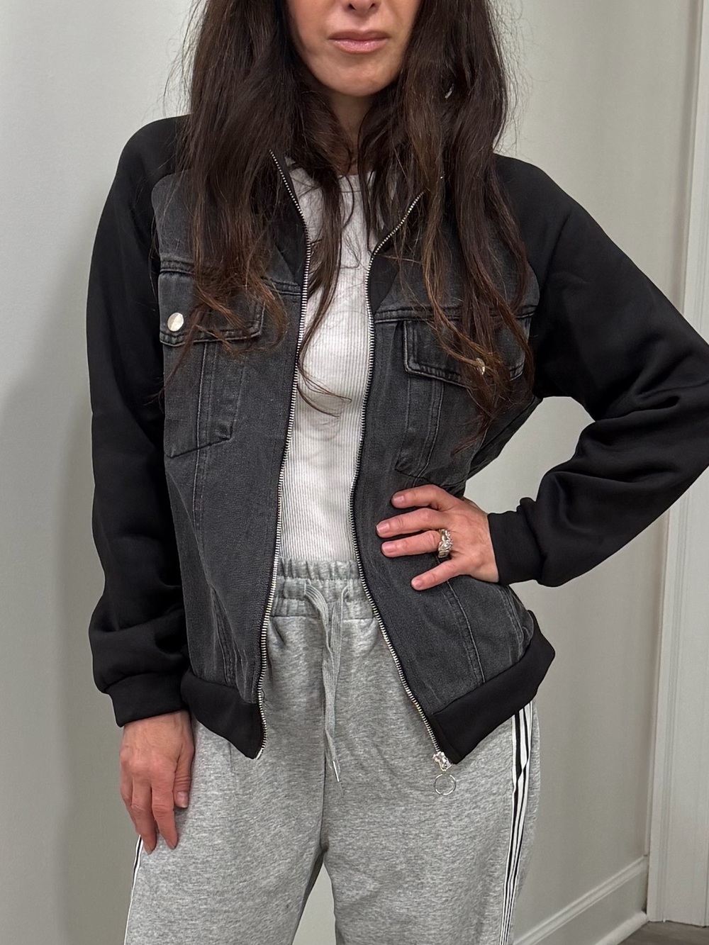 ShopEvelynne Black & Charcoal Mixed-Media Jean Bomber Jacket